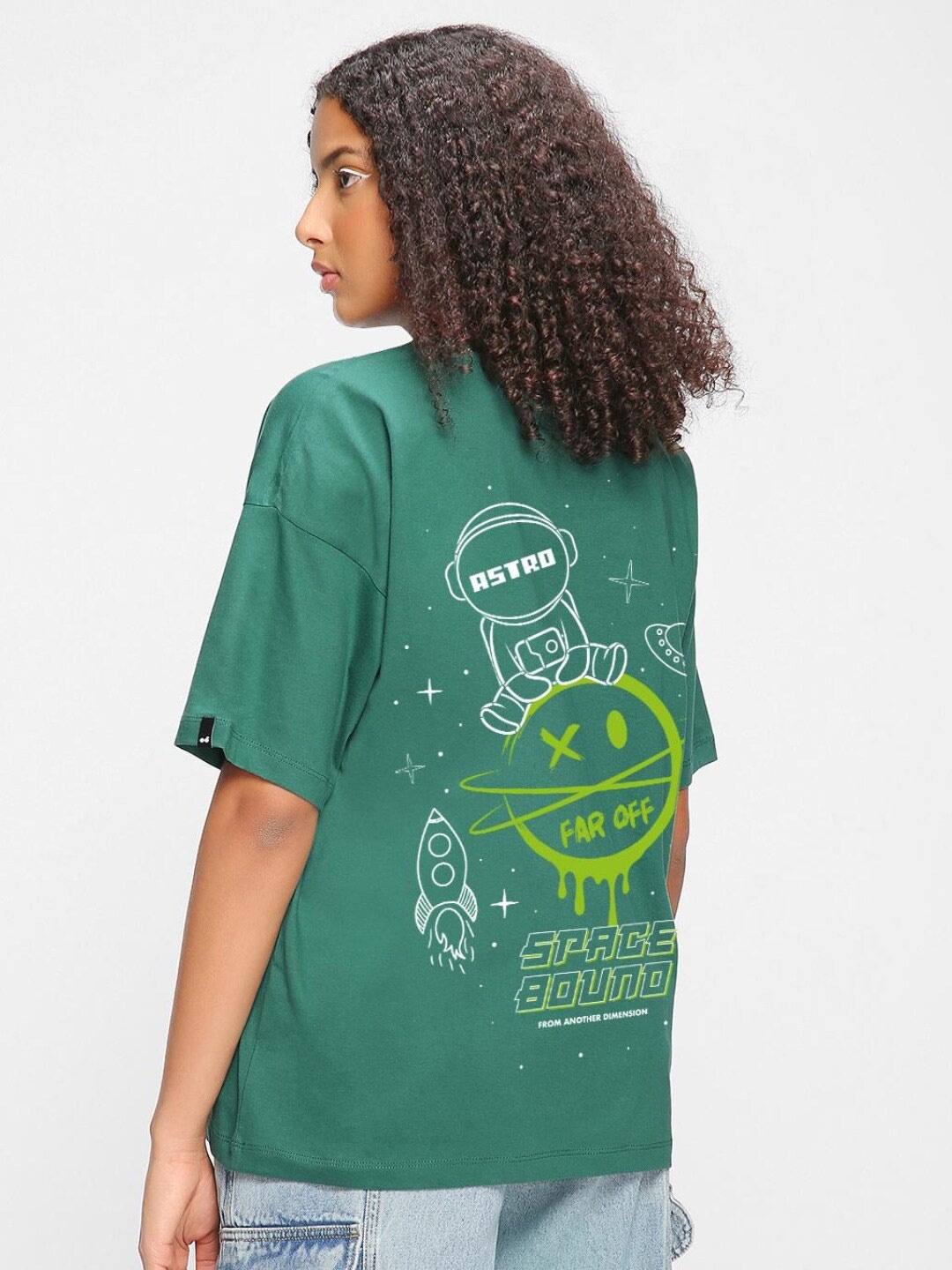 

Bewakoof Women Space Bound Graphic Printed Oversized T-shirt, Green