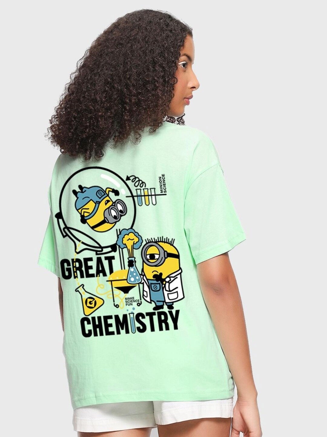 

Bewakoof Minions Great Chemistry Graphic Printed Oversized T-shirt, Green
