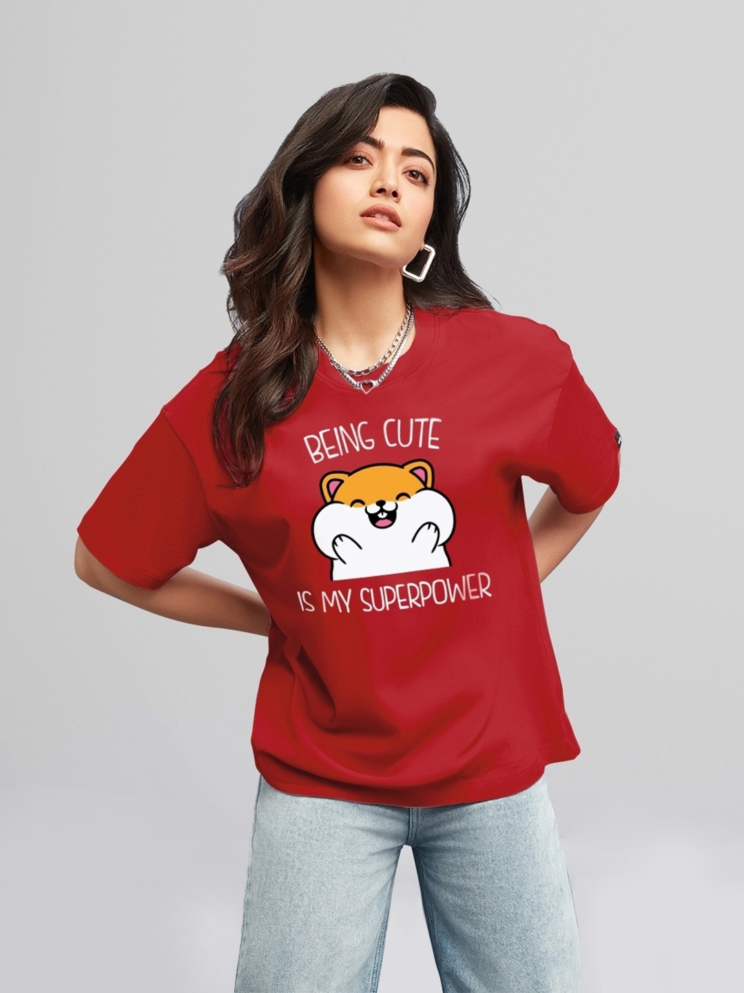 

Bewakoof Being Cute Is My Superpower Graphic Printed Oversized T-shirt, Red