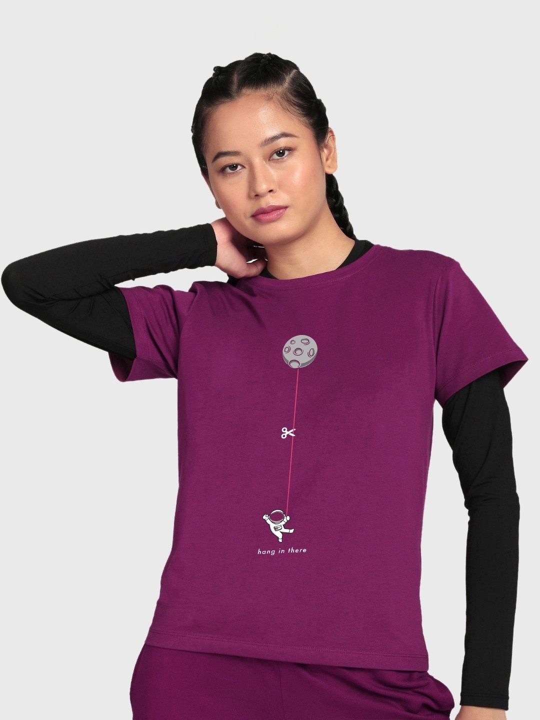 

Bewakoof Women Graphic Printed Cotton Sports T-shirt, Purple