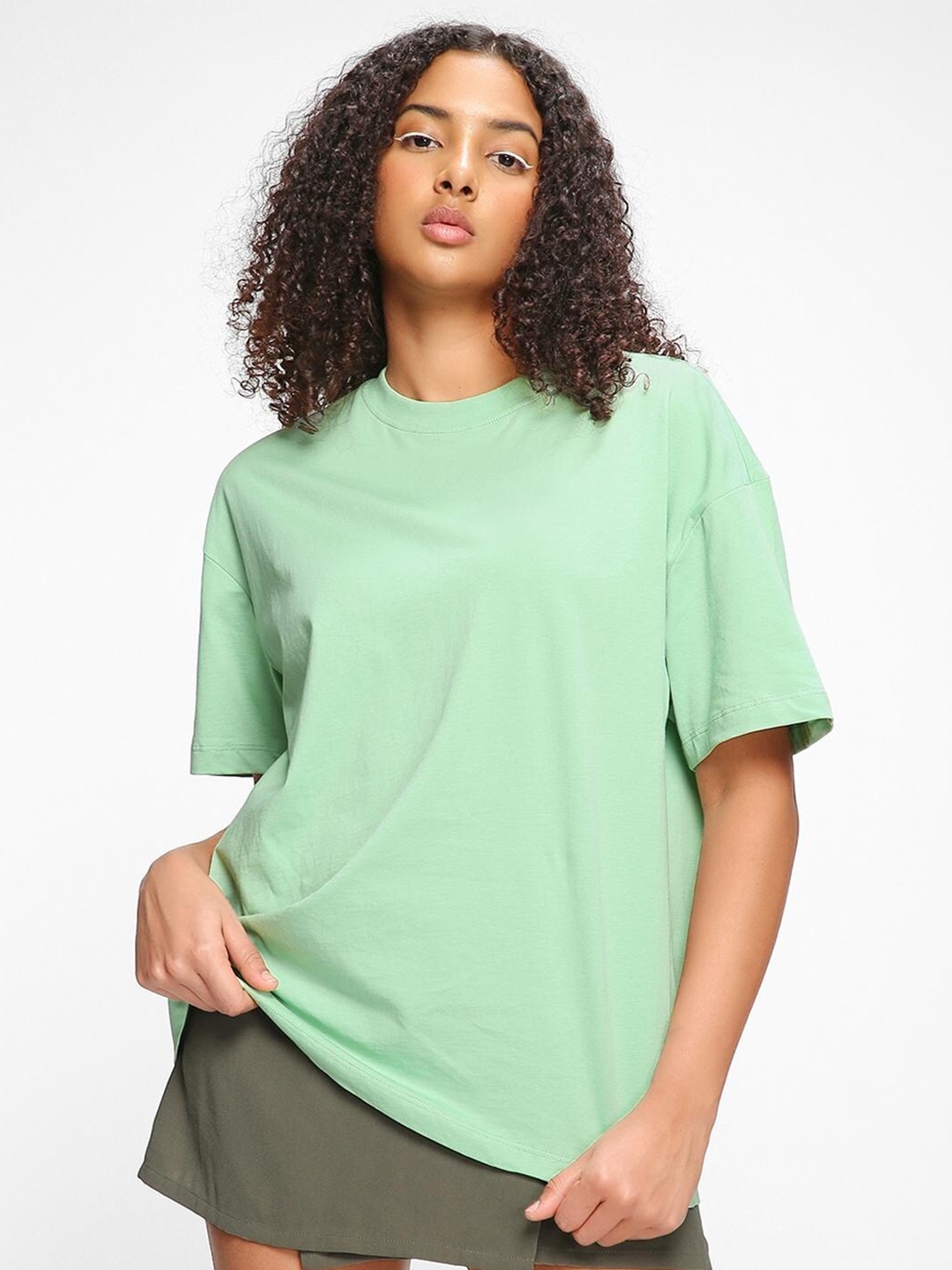 

Bewakoof Women Cotton Oversized T-shirt, Green