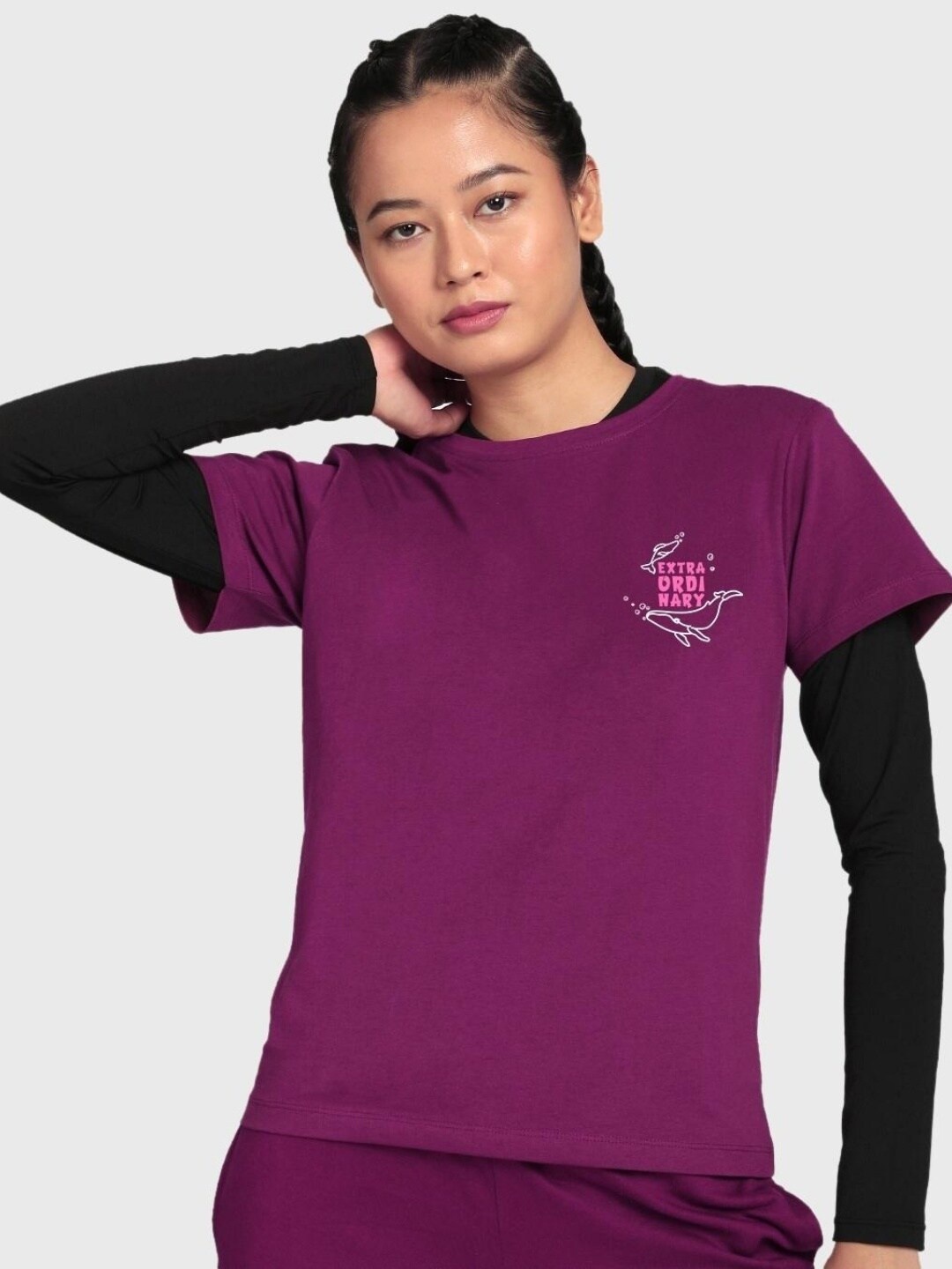 

Bewakoof Round Neck Graphic Printed Back Cotton T-shirt, Purple