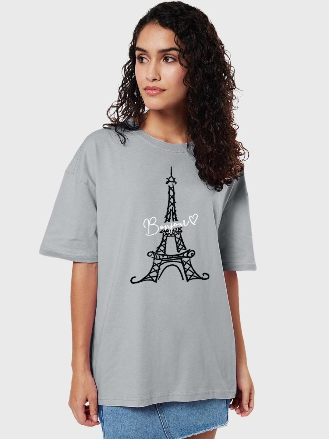 

Bewakoof Bonjour Paris Graphic Printed Oversized T-shirt, Grey