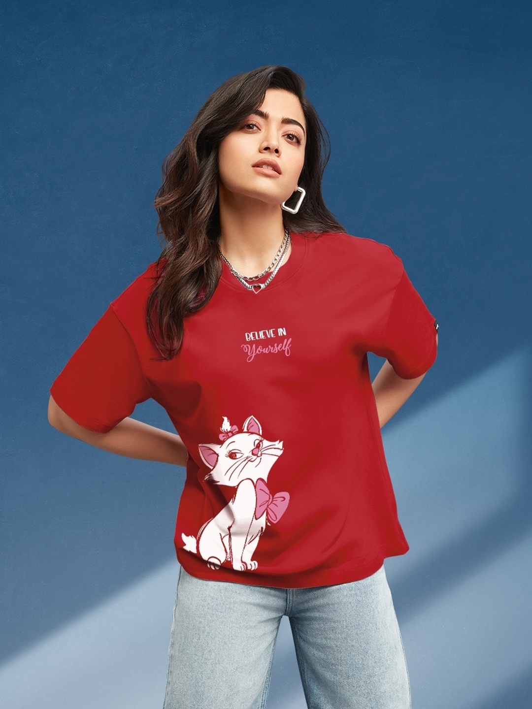 

Bewakoof Believe Cat Graphic Printed Oversized T-shirt, Red