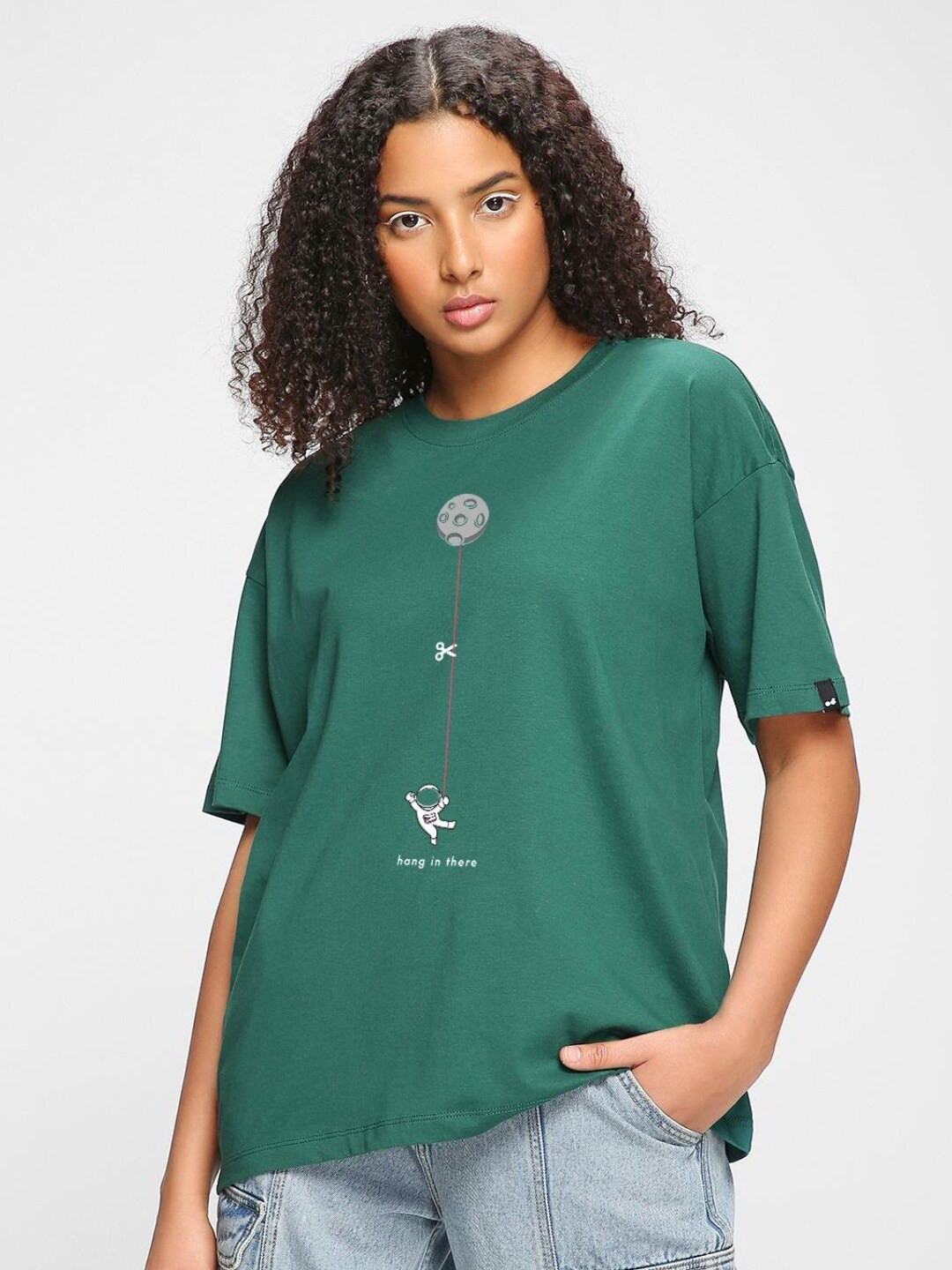 

Graphic Printed Drop-Shoulder Sleeves Cotton Loose Fit T-shirt, Green