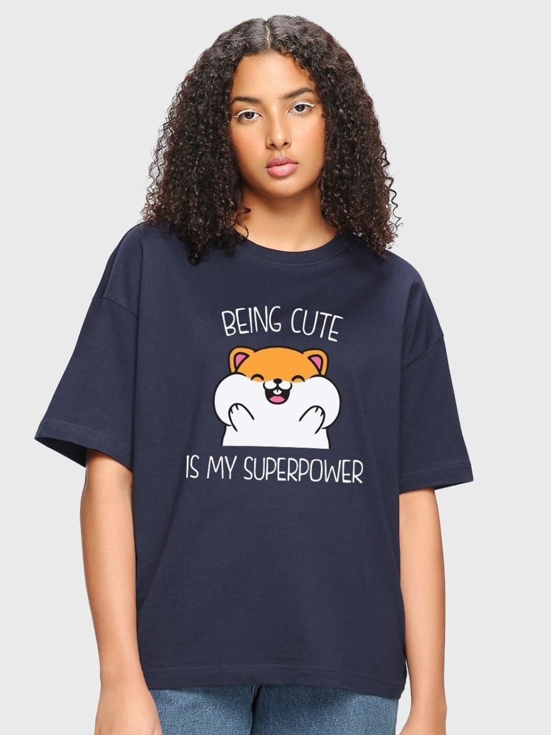 

Bewakoof Being Cute Is My Superpower Graphic Printed Oversized T-shirt, Navy blue