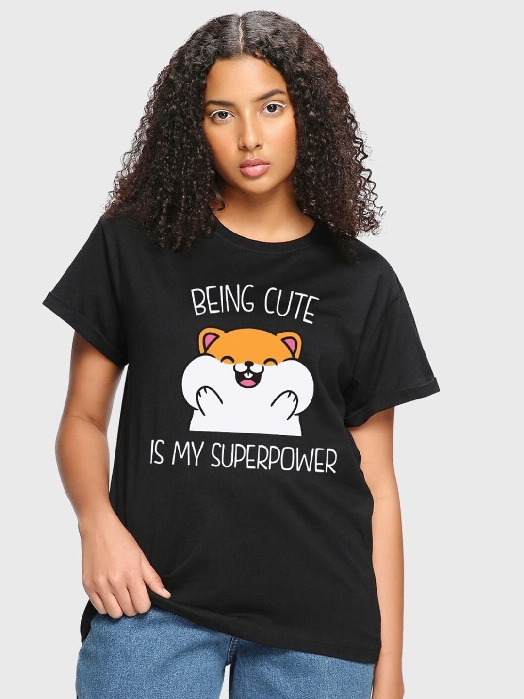 

Bewakoof Being Cute Is My Superpower Printed Boyfriend T-shirt, Black