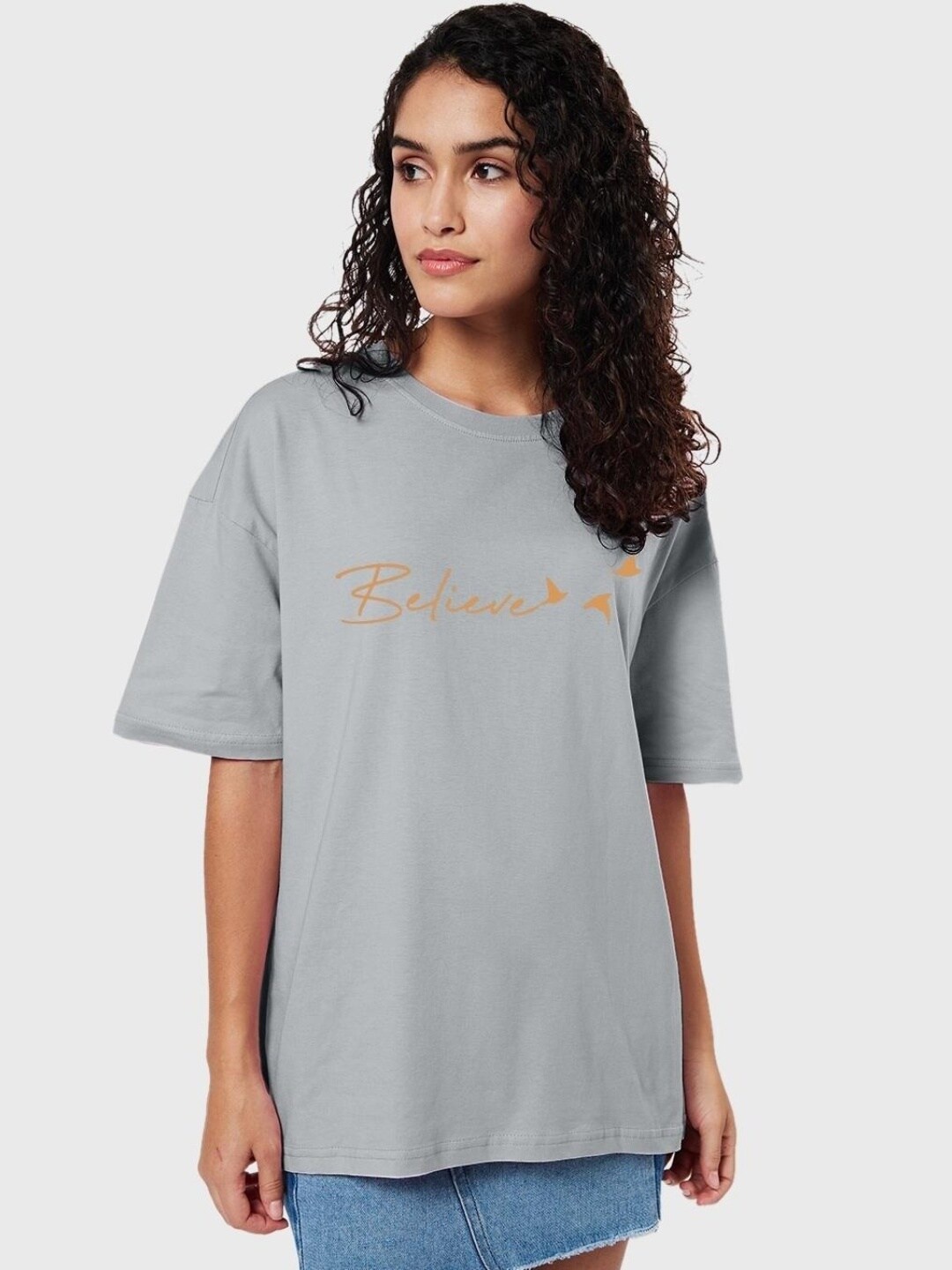 

Bewakoof Typography Printed Drop-Shoulder Sleeves Cotton Loose T-shirt, Grey