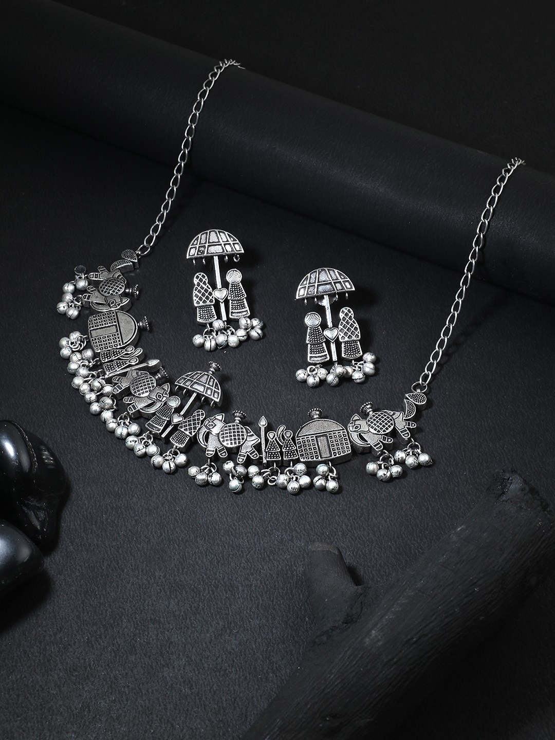 

Adwitiya Collection Silver-Plated Oxidised Stone Beaded Doli Jewellery Set, White