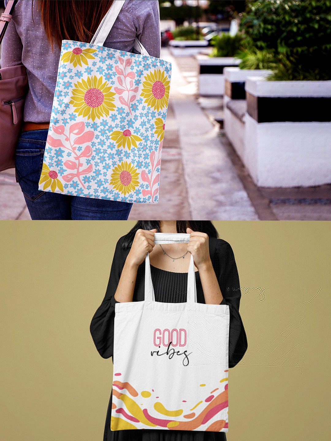 

Doodle Set of 2 Sunny Blooms & Good Vibes Waves Printed Cotton Shopper Tote Bag, White