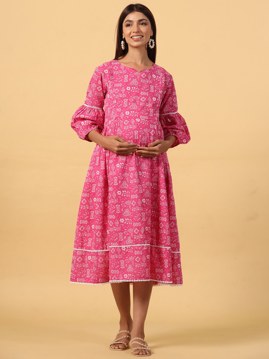 

Ikk Kudi by Seerat Ethnic Motifs Printed Maternity Pure Cotton Fit & Flare dress, Pink