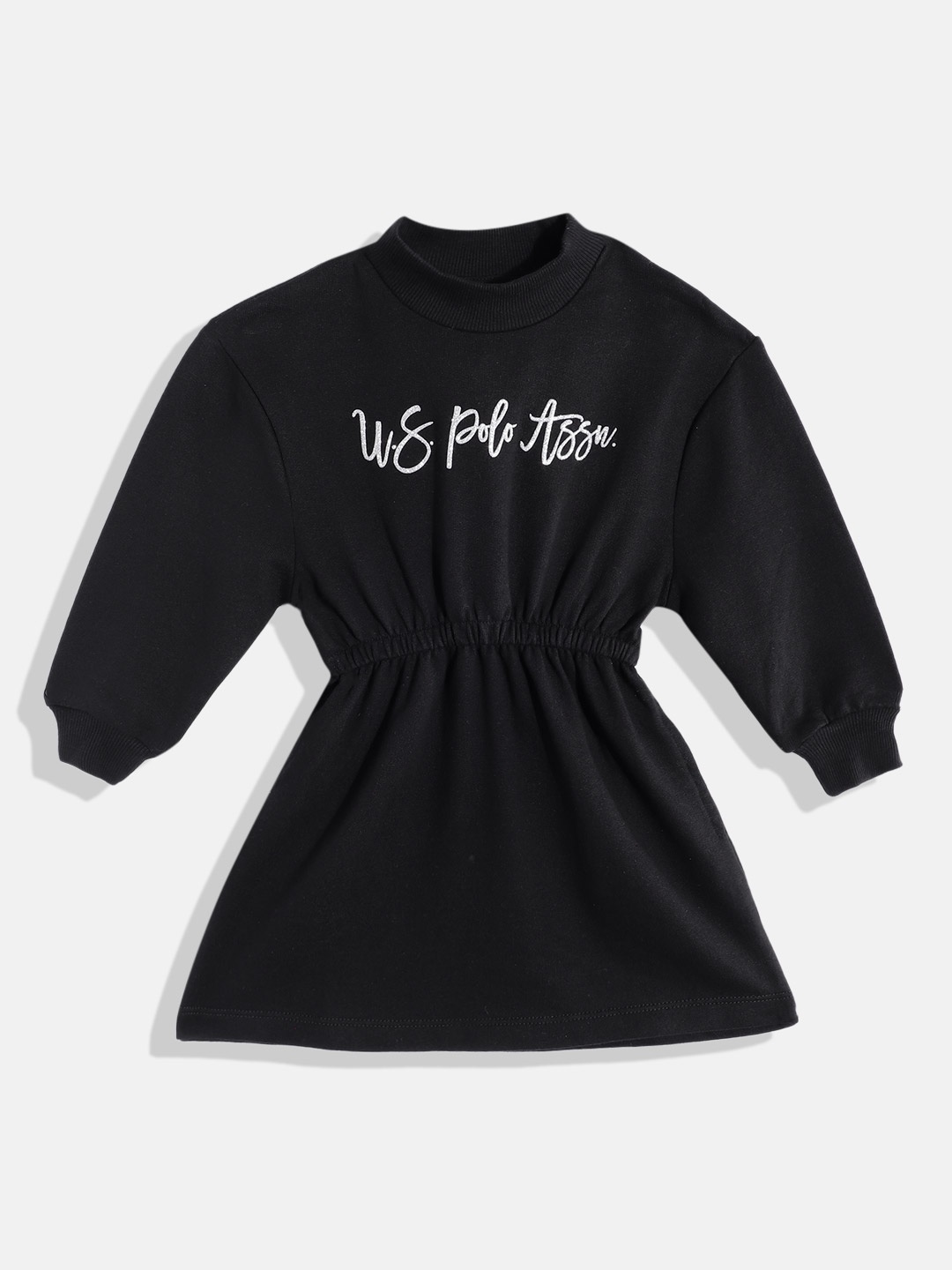 

U S Polo Assn Kids Girls Brand Logo Printed Cotton Gathered Detail Waisted A-Line Dress, Black