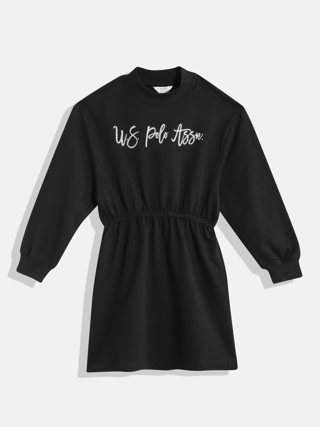 

U.S. Polo Assn. Kids Pure Cotton Typography Print Puff Sleeve Jumper Dress, Black