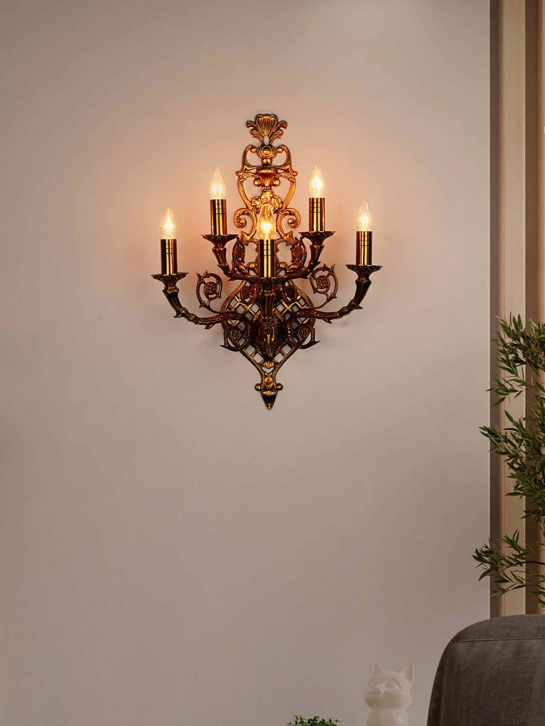 

Fos Lighting Gold-Toned Textured Large Palatial 5 Light Candelabra Wall Sconce