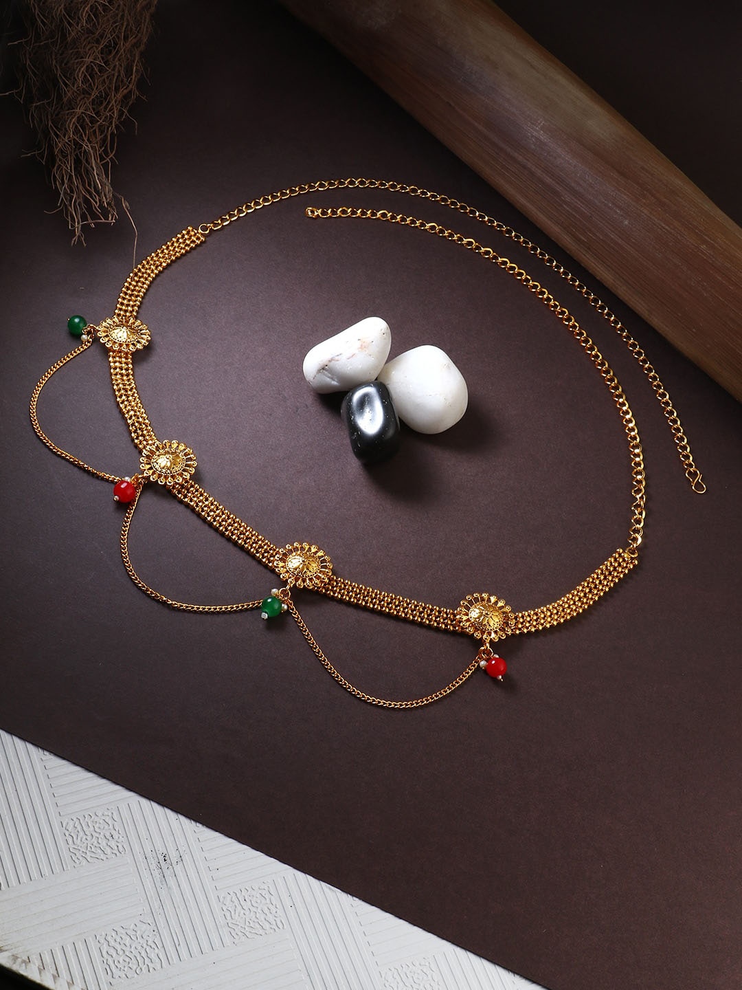 

Adwitiya Collection Gold Plated Stone Studded & Beaded Kamarband, Red