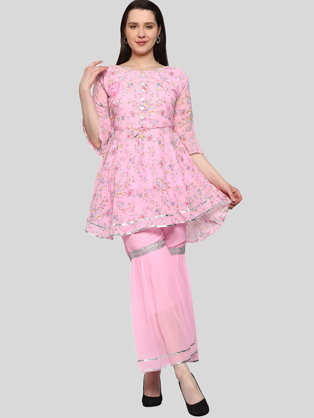

FNOCKS Floral Printed Kurti with Sharara, Pink