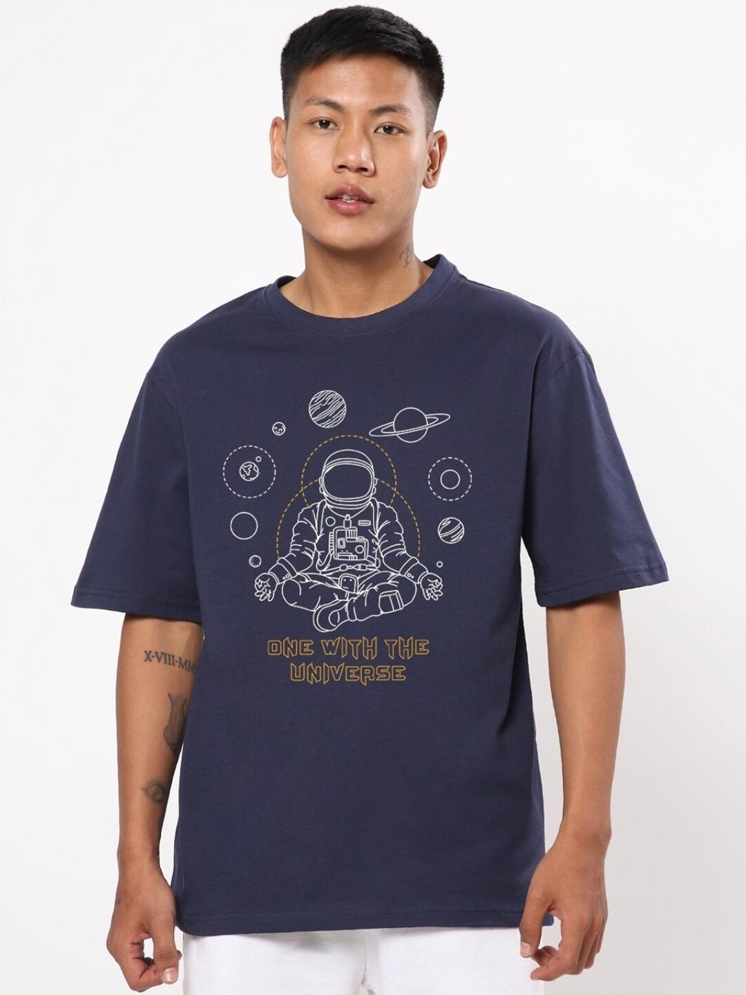 

Bewakoof Men One With The Universe Graphic Printed Oversized T-shirt, Blue
