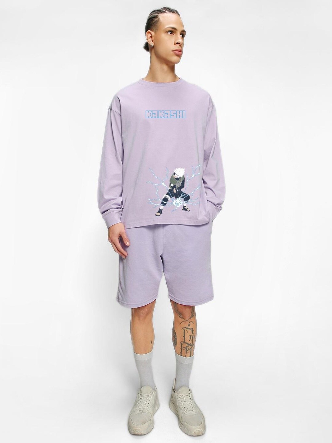 

Bewakoof Chidori kakashi Graphic Printed Oversized T-shirt, Lavender