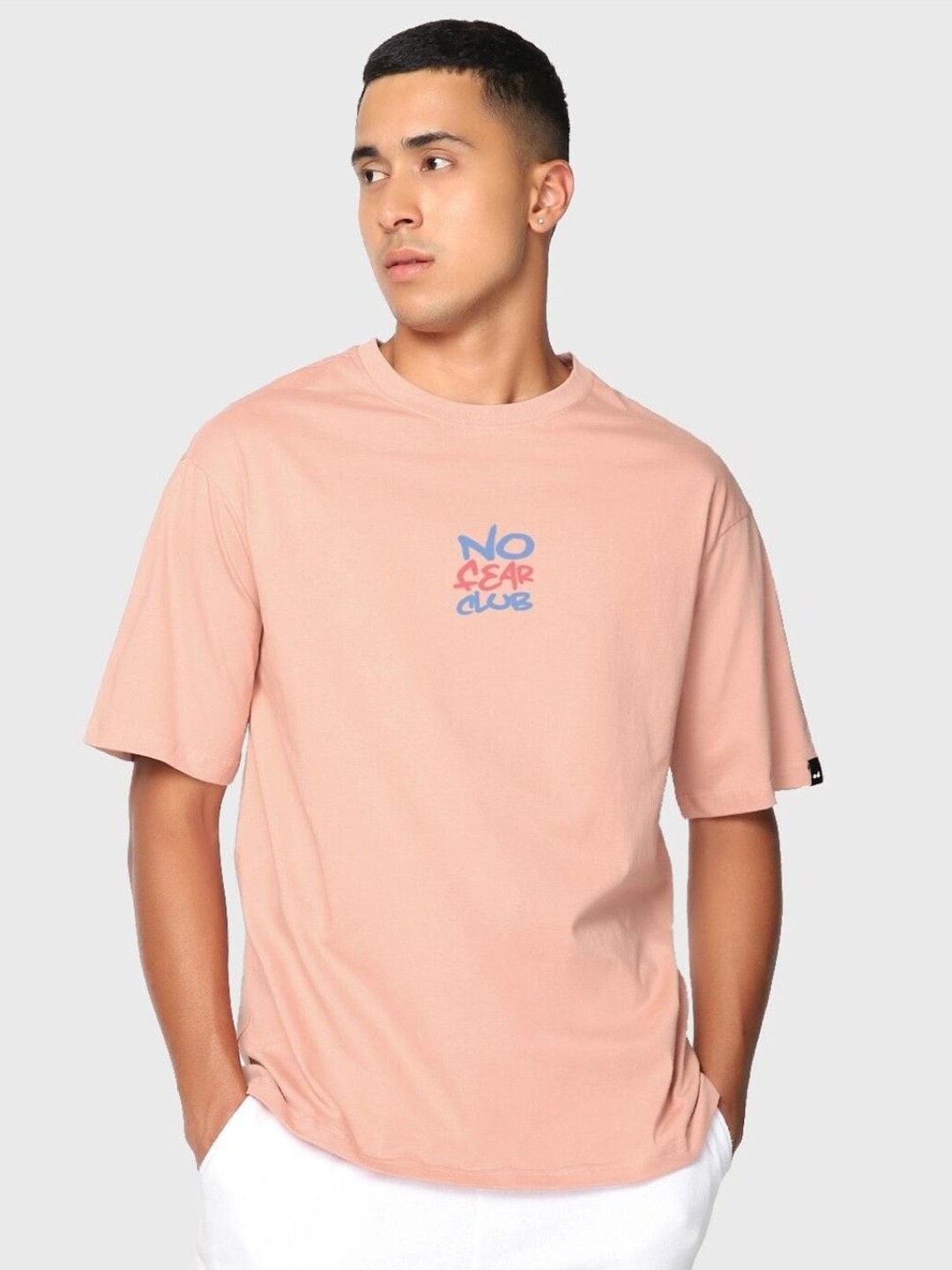 

Bewakoof Men No Fear Club Typography Oversized T-shirt, Peach