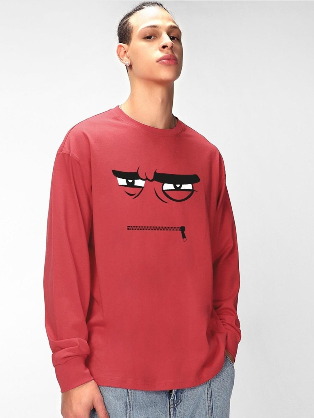 

Bewakoof Angry Zip Graphic Printed Oversized T-shirt, Red