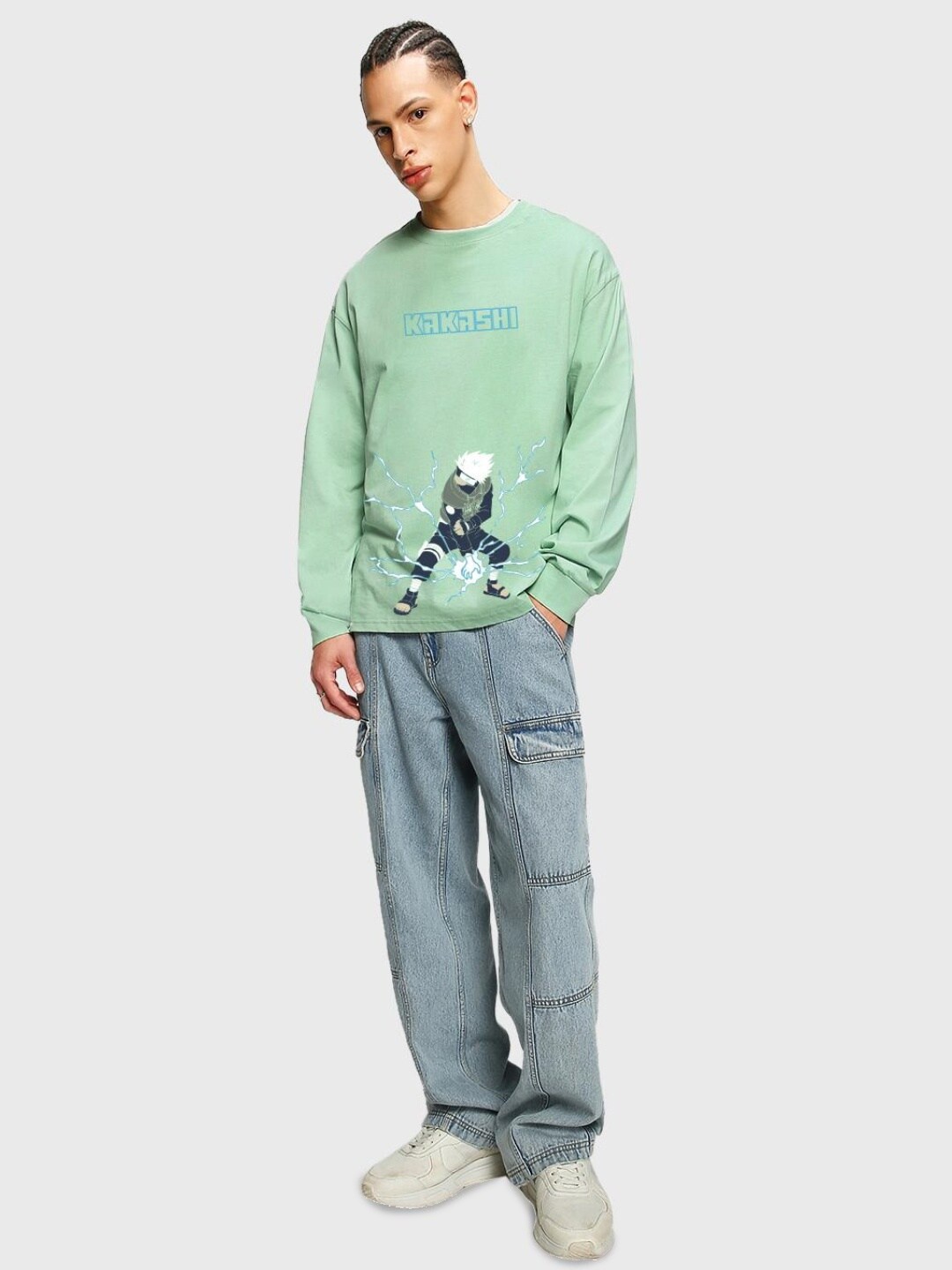 

Bewakoof Men Chidori kakashi Graphic Printed Oversized T-shirt, Green