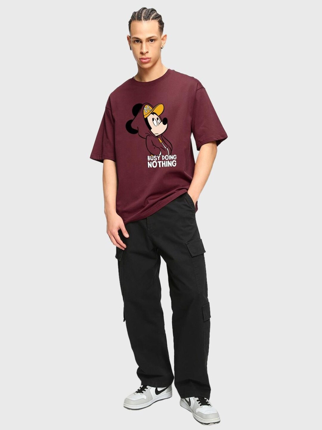 

Bewakoof Busy Doing Nothing Graphic Printed Oversized T-shirt, Maroon