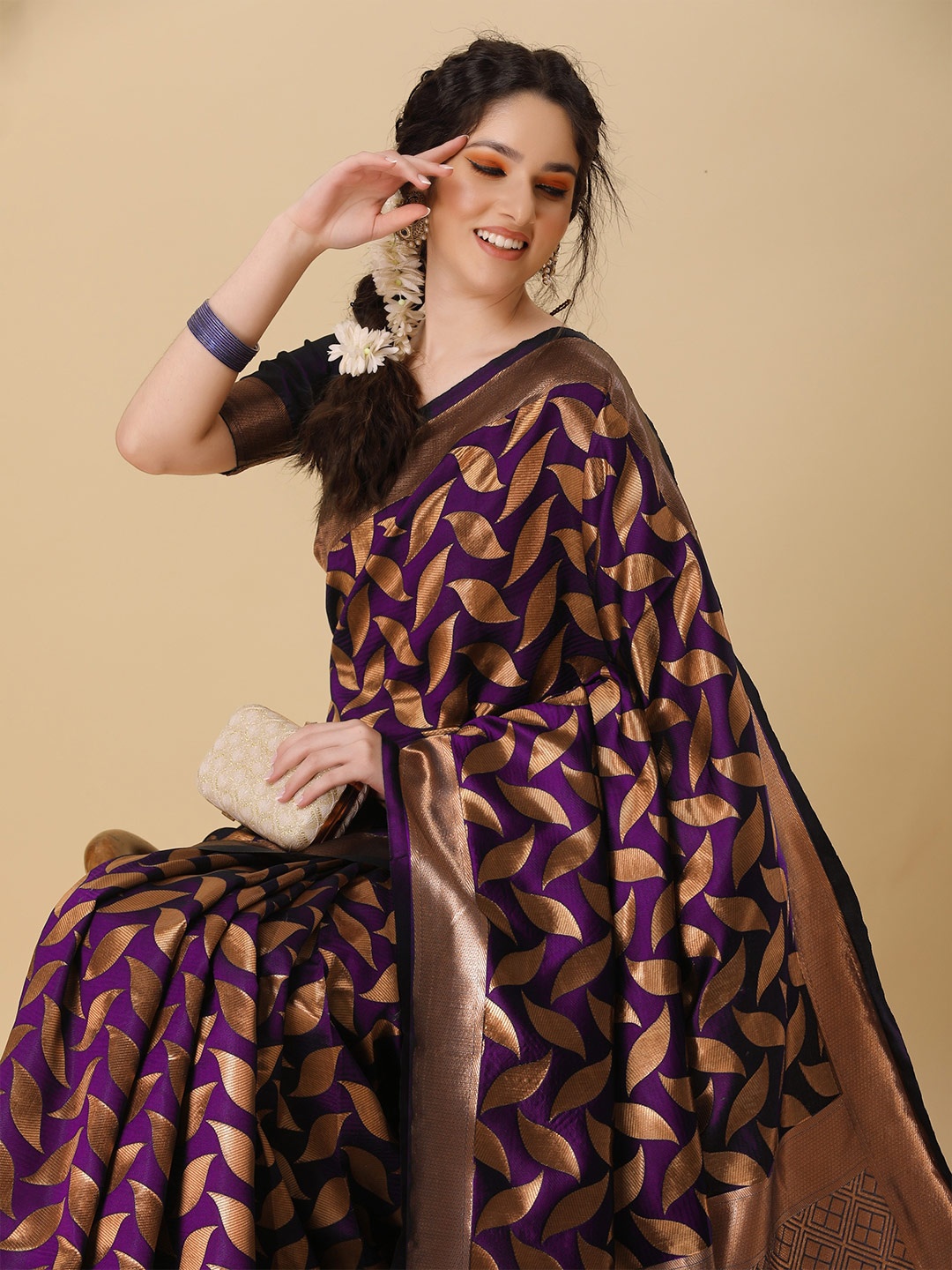 

KALINI Ethnic Motif Woven Design Zari Leaf Banarasi Saree with Blouse Piece, Purple