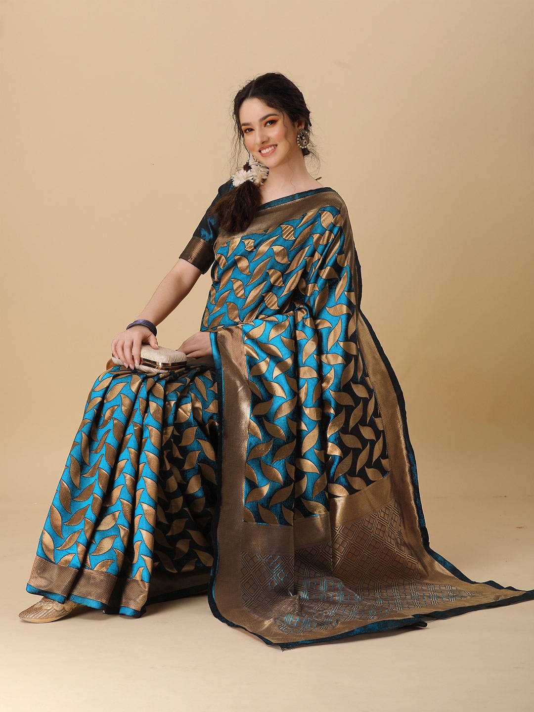 

KALINI Ethnic Motif Woven Design Zari Leaf Banarasi Saree with Blouse Piece, Blue