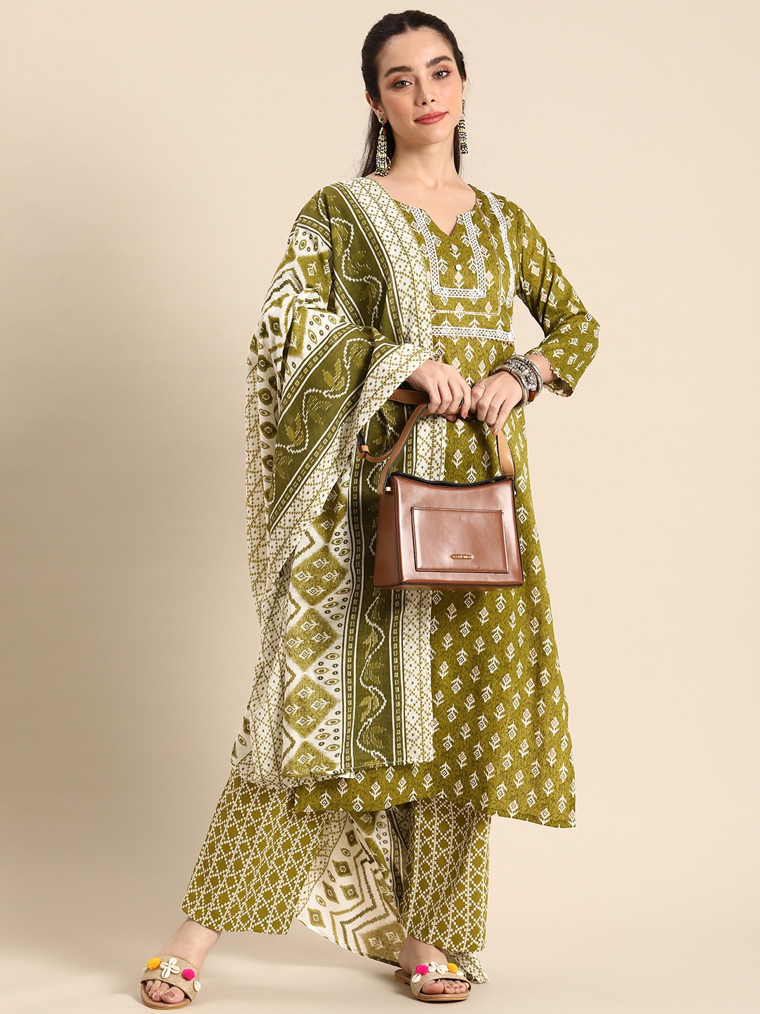 

Sangria Gotta Patti Kurta with Trousers & With Dupatta, Olive
