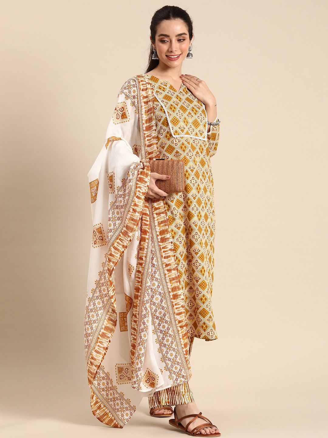 

Sangria Embroidered Regular Thread Work Kurta with Trousers & With Dupatta, Mustard