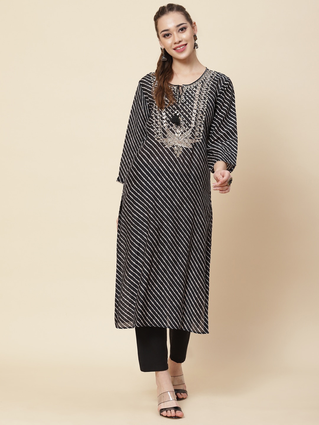 

Meena Bazaar Leheriya Printed Tie up Neck Thread Work Art Silk Kurta, Black