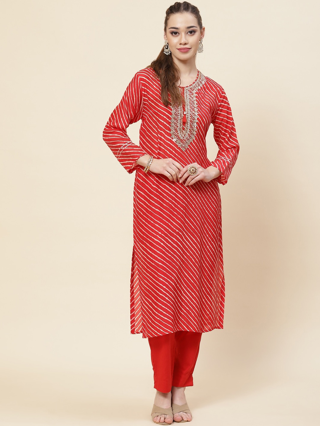 

Meena Bazaar Striped Beads & Stones Straight Kurta, Red