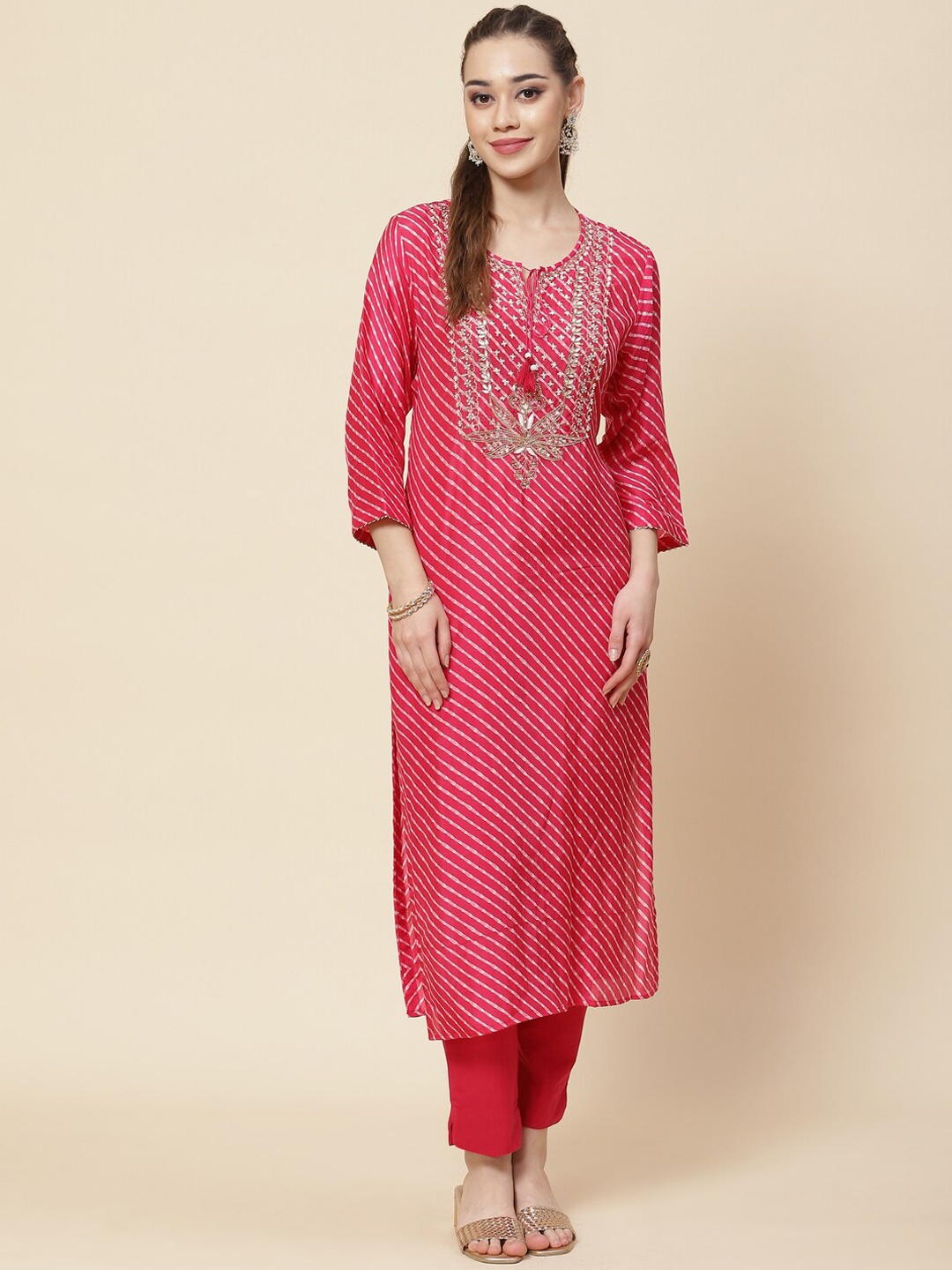 

Meena Bazaar Leheriya Printed Tie up Neck Thread Work Art Silk Kurta, Pink