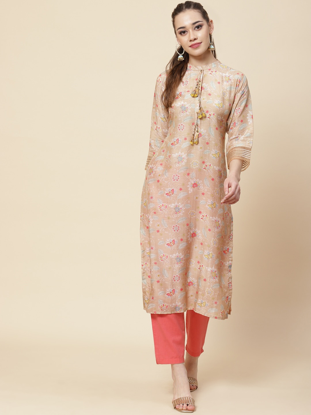 

Meena Bazaar Floral Printed Band Collar Cotton Straight Kurta, Beige