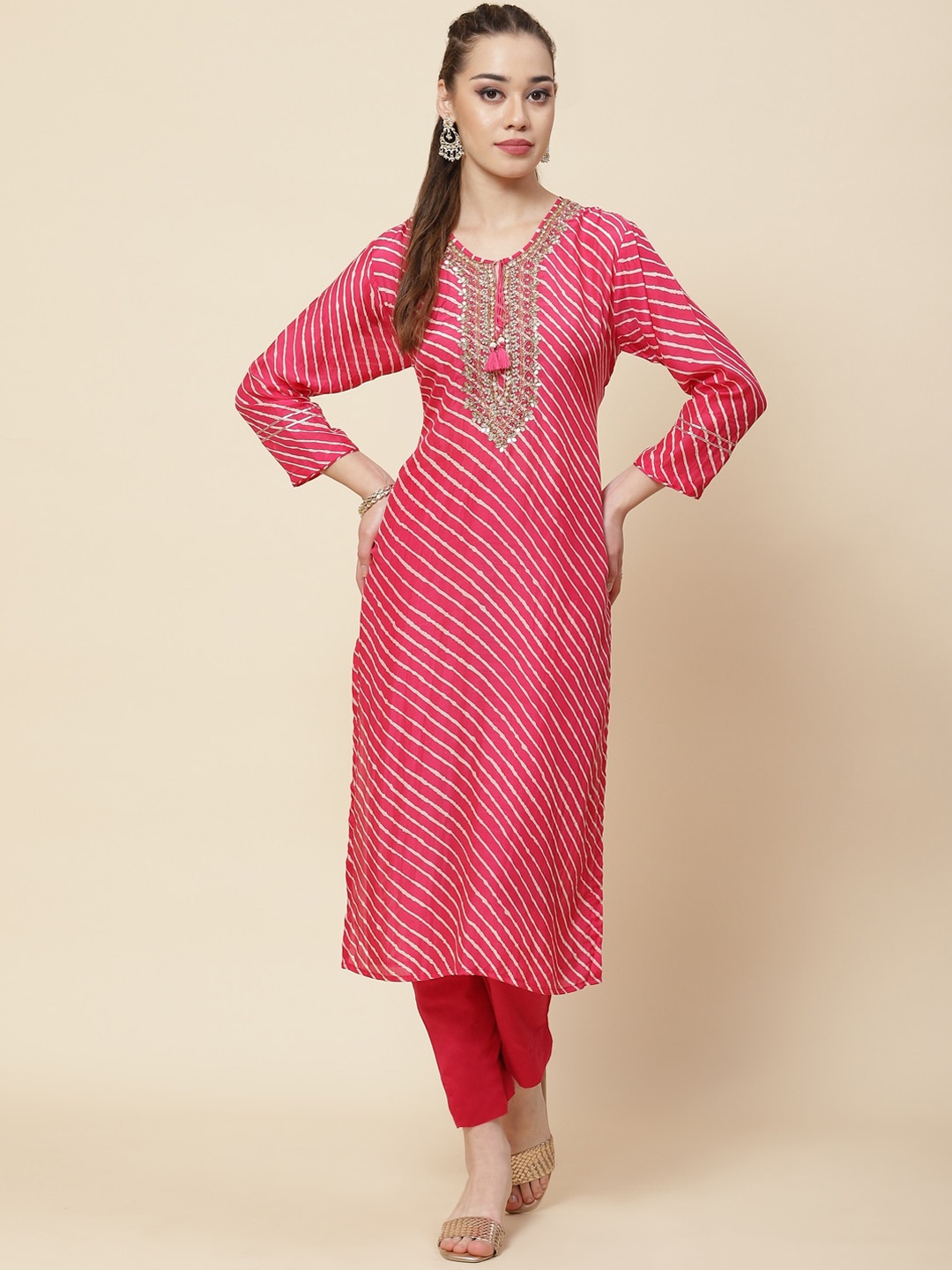 

Meena Bazaarn Striped Beads And Stones Tie-Up Neck Kurta, Pink