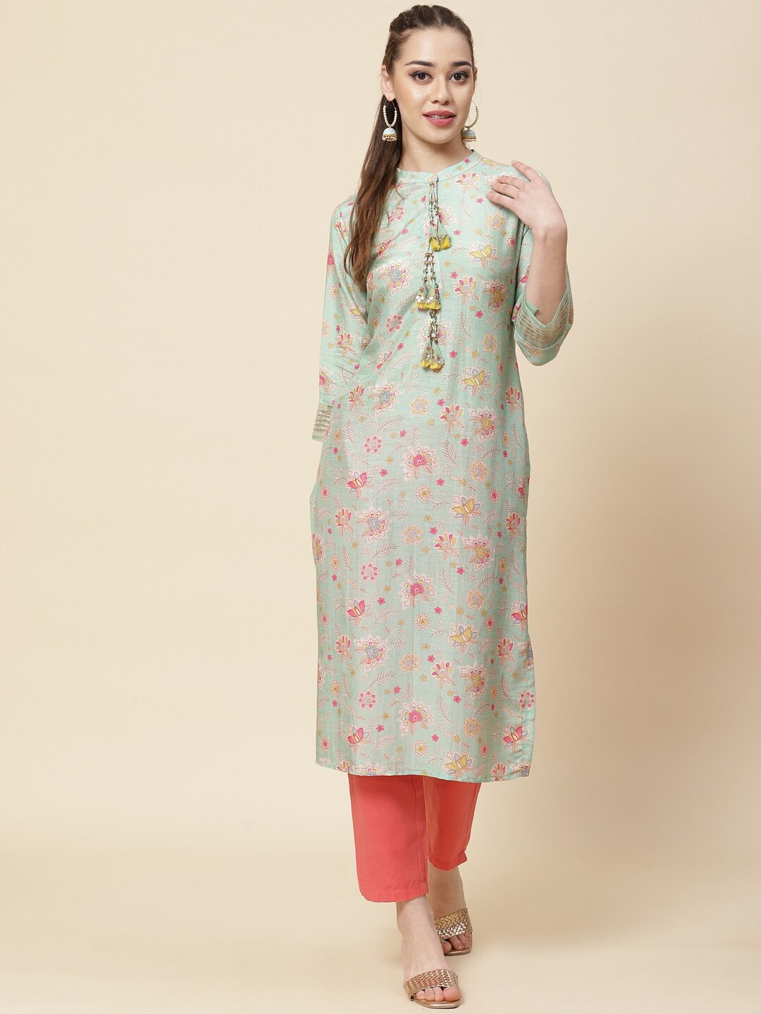 

Meena Bazaar Floral Printed Band Collar Cotton Kurta, Green