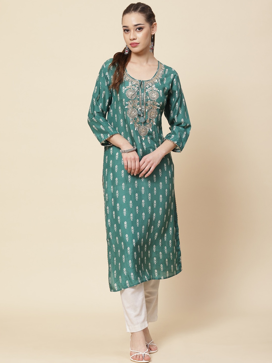 

Meena Bazaar Ethnic Motifs Printed Beads And Stones Kurta, Green