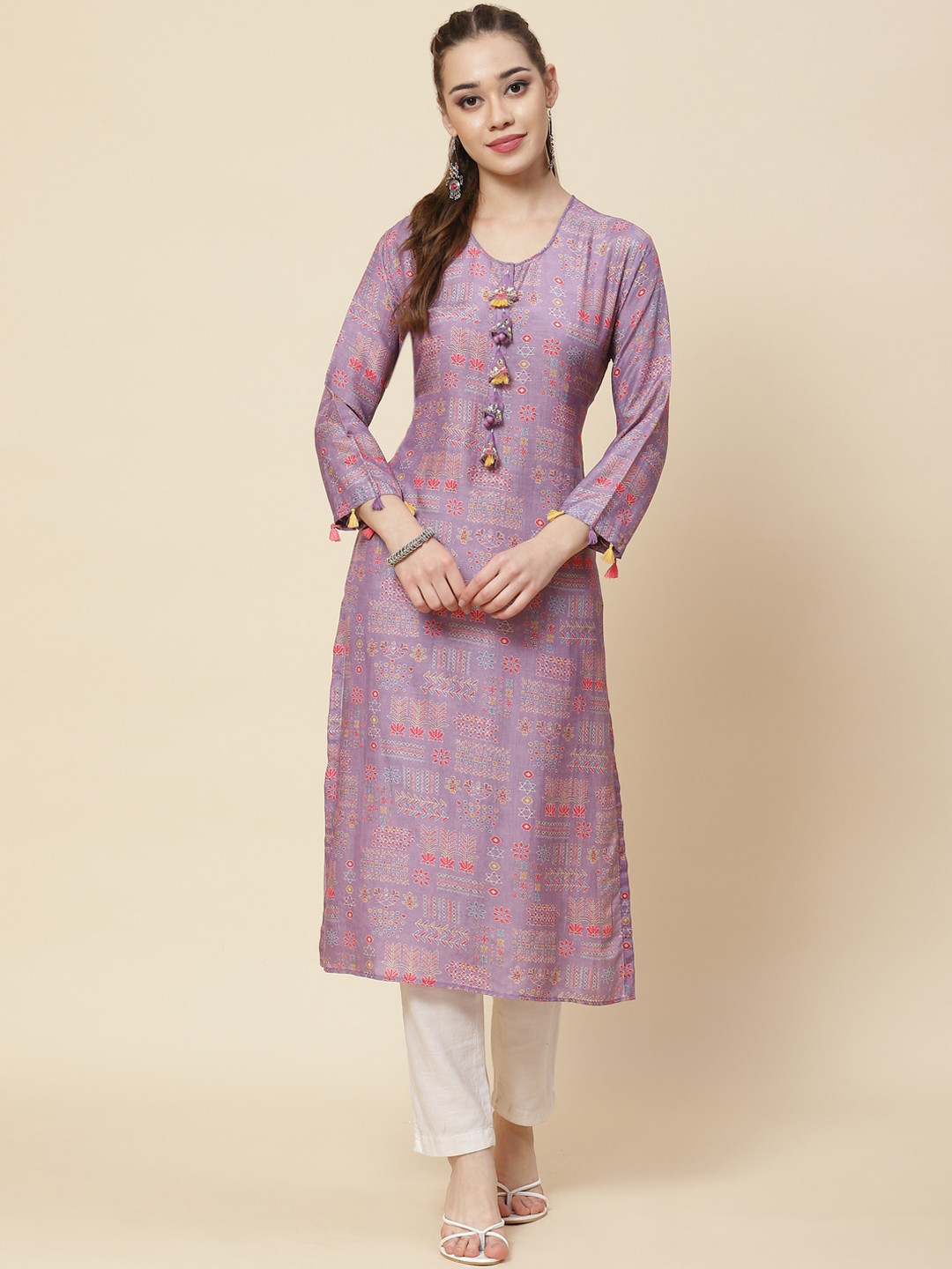 

Meena Bazaar Ethnic Motifs Printed Cotton Straight Kurta, Purple