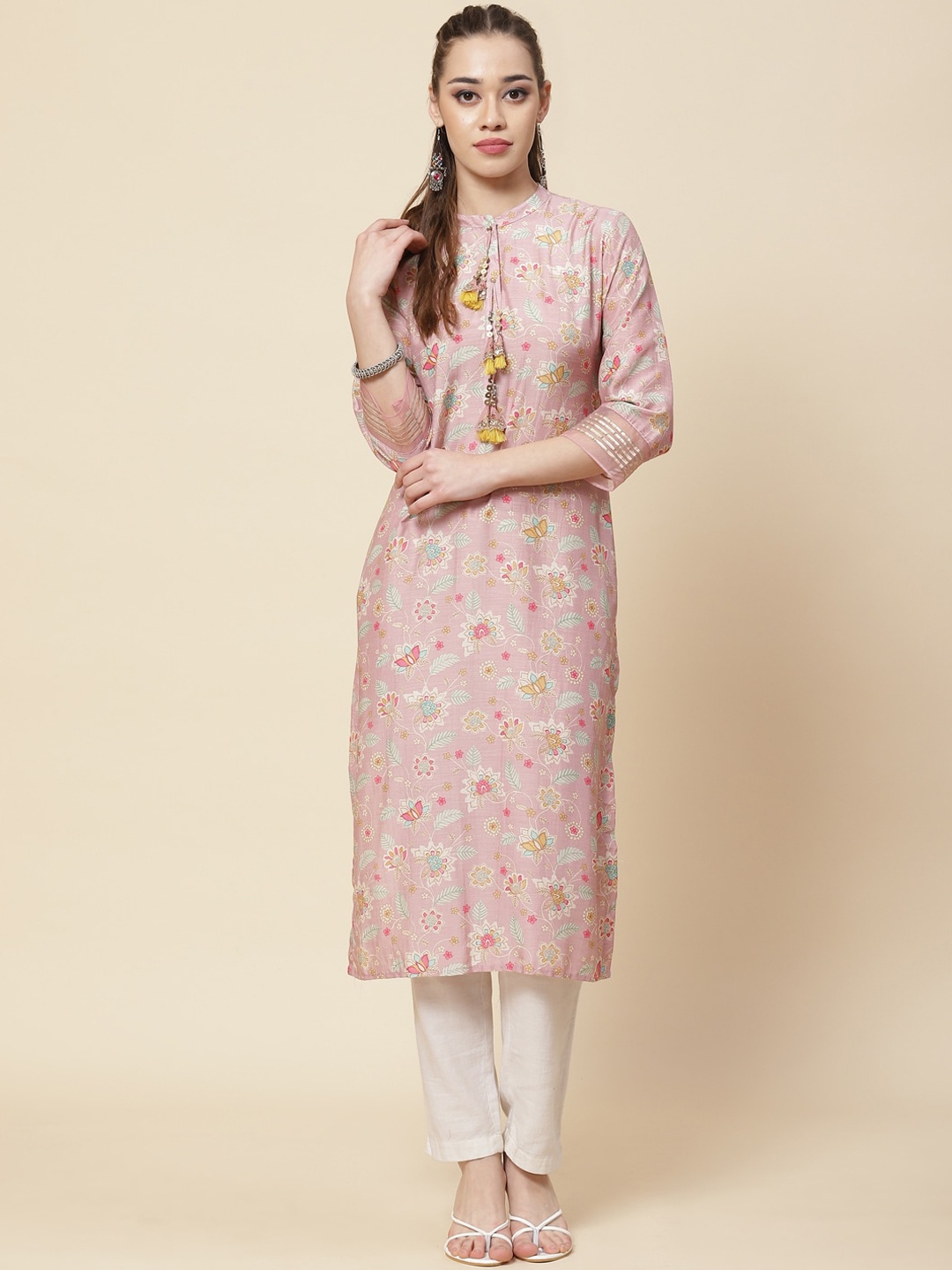 

Meena Bazaar Floral Printed Band Collar Cotton Kurta, Pink