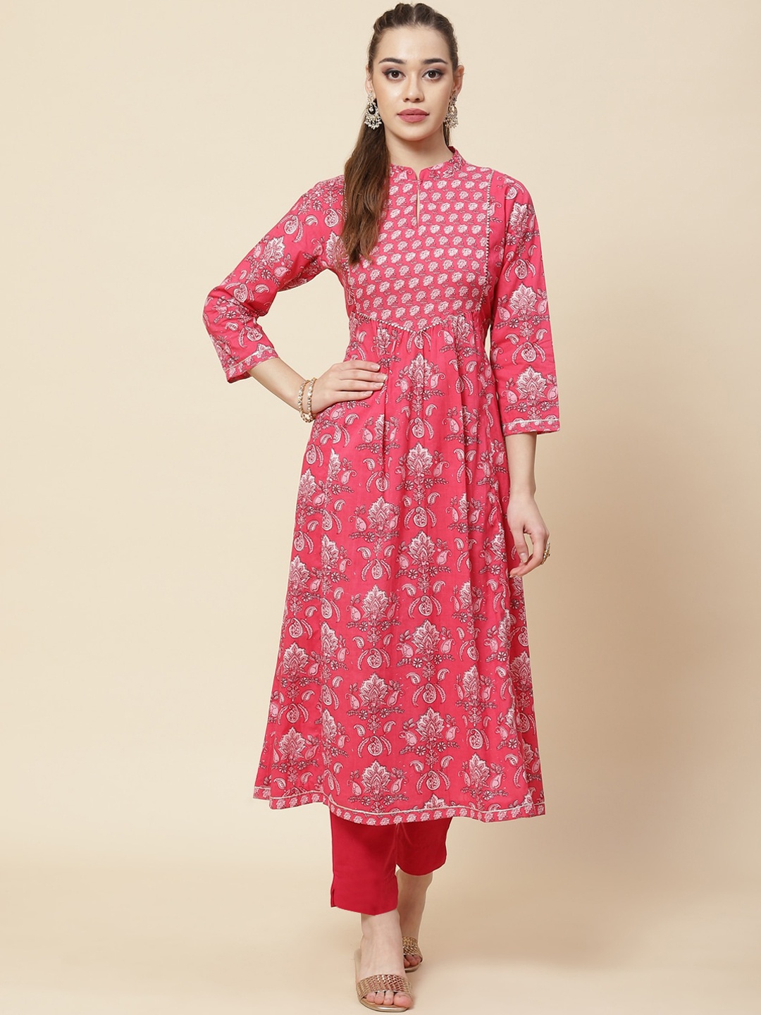 

Meena Bazaar Floral Printed Cotton Anarkali Kurta, Pink