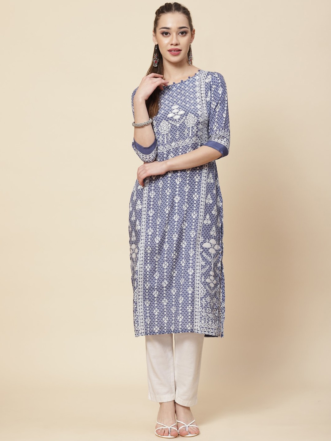 

Meena Bazaar Round Neck Floral Printed Sequinned Kurta, Blue