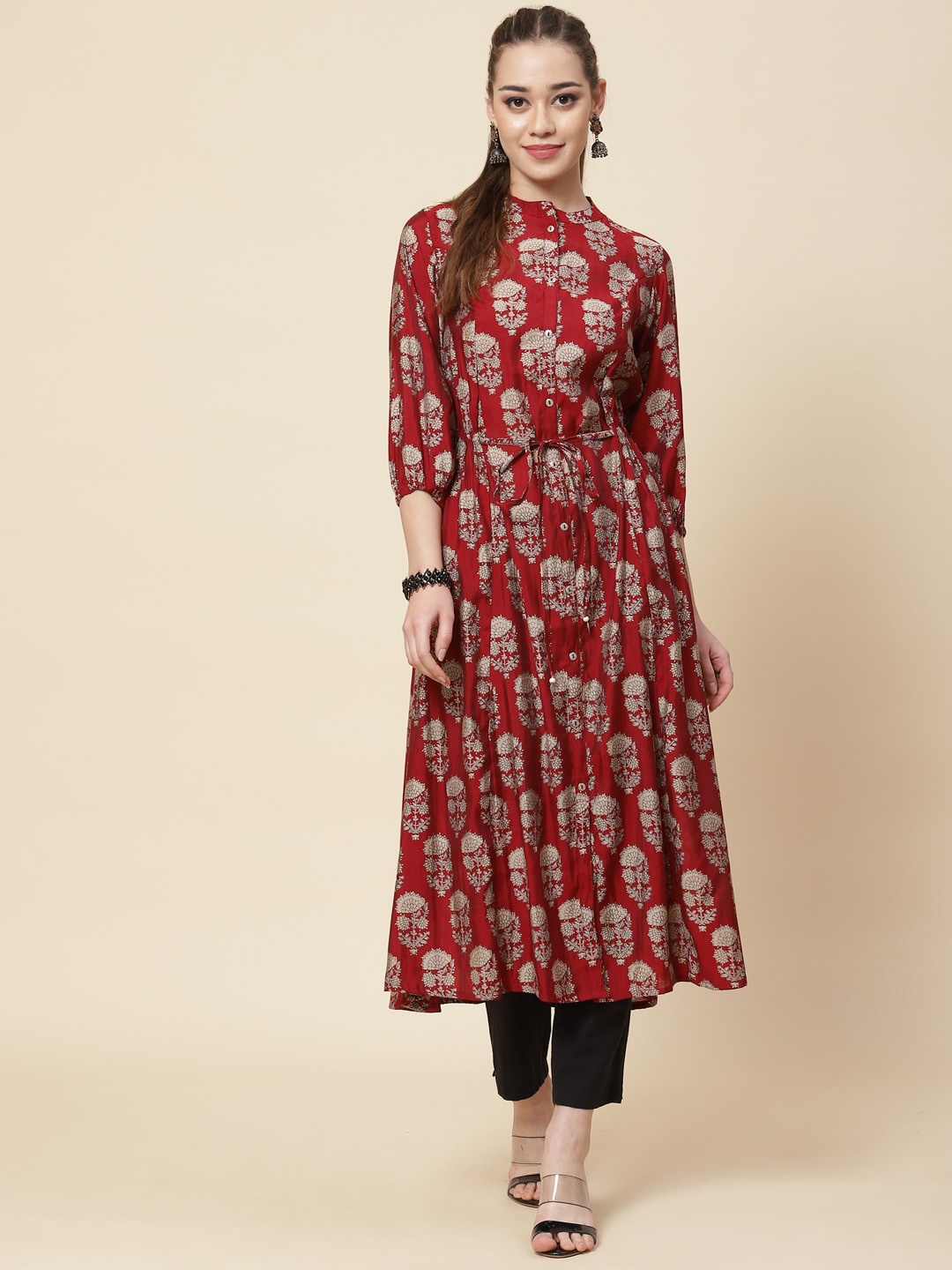 

Meena Bazaar Mandarin Collar Floral Printed Cotton Kurta, Maroon