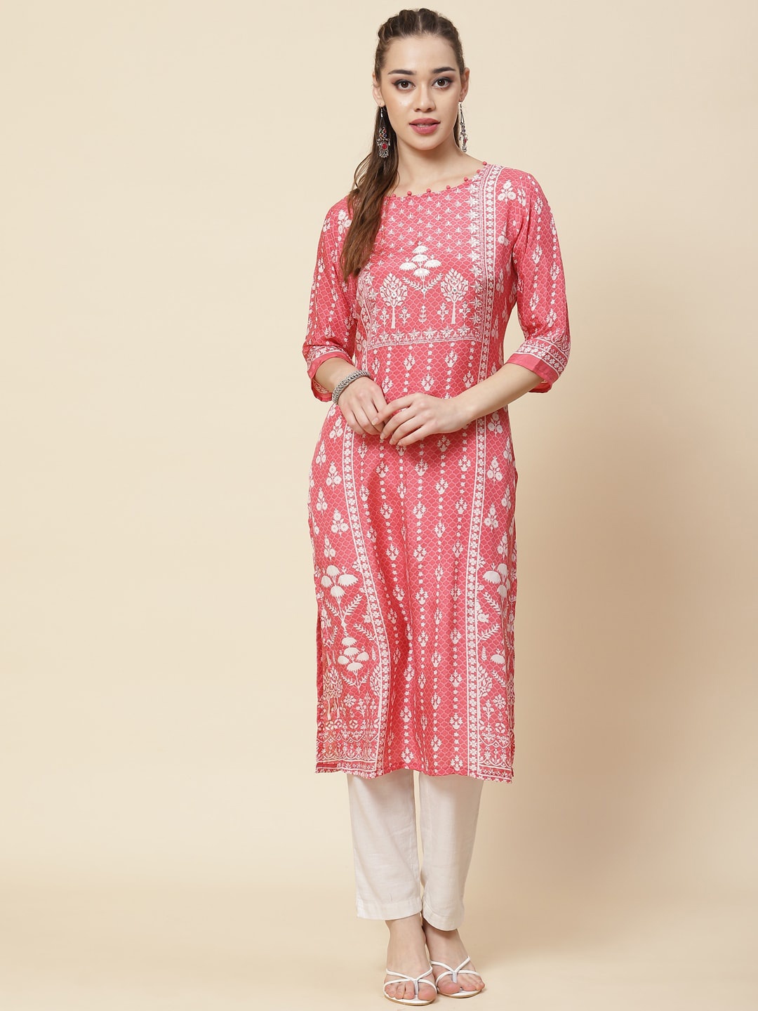 

Meena Bazaar Round Neck Floral Printed Sequinned Kurta, Coral