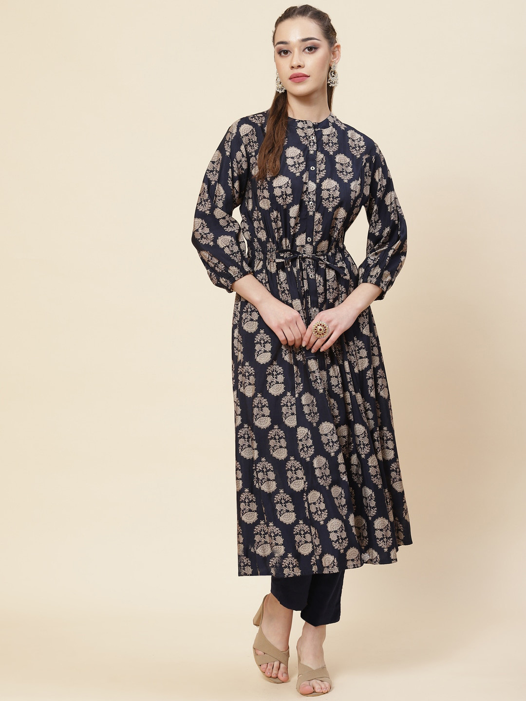 

Meena Bazaar Mandarin Collar Floral Printed Cotton Kurta, Navy blue