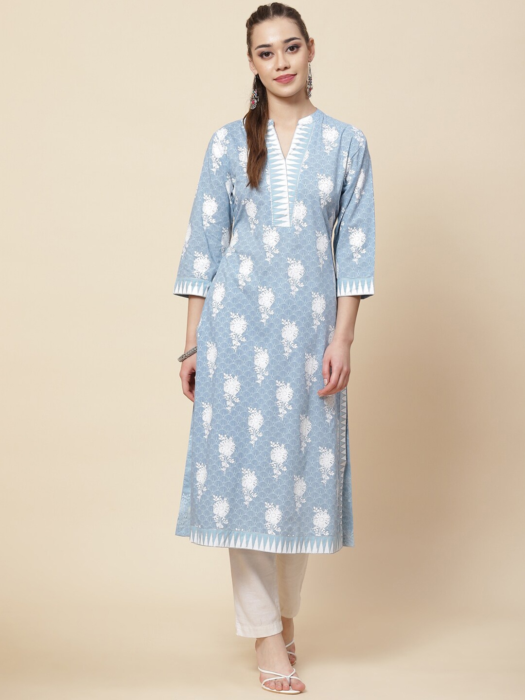 

Meena Bazaar Mandarin Collar Floral Printed Cotton Kurta, Blue