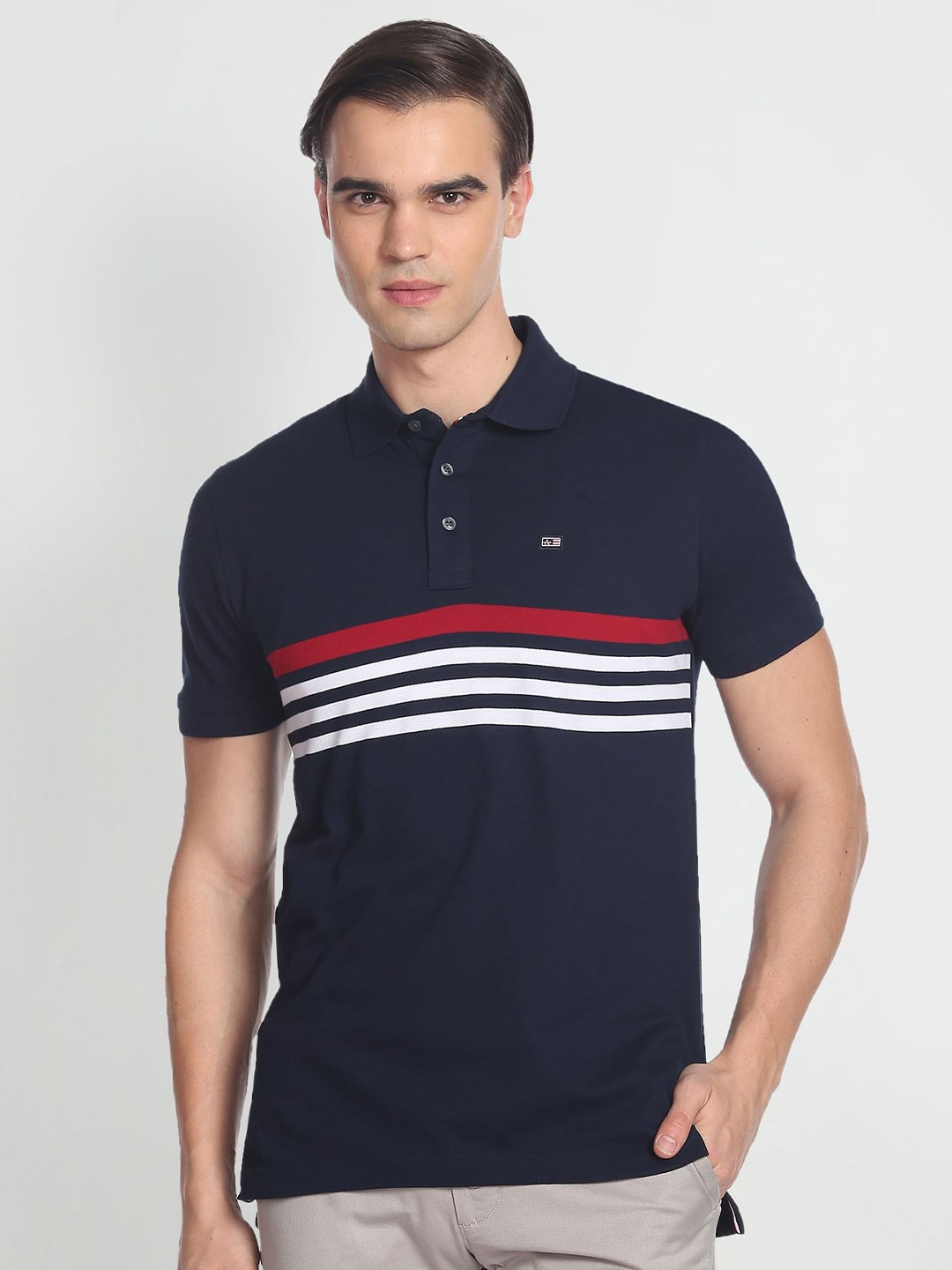 

Arrow Sport Striped Polo Collar Pure Cotton T-shirt, Navy blue
