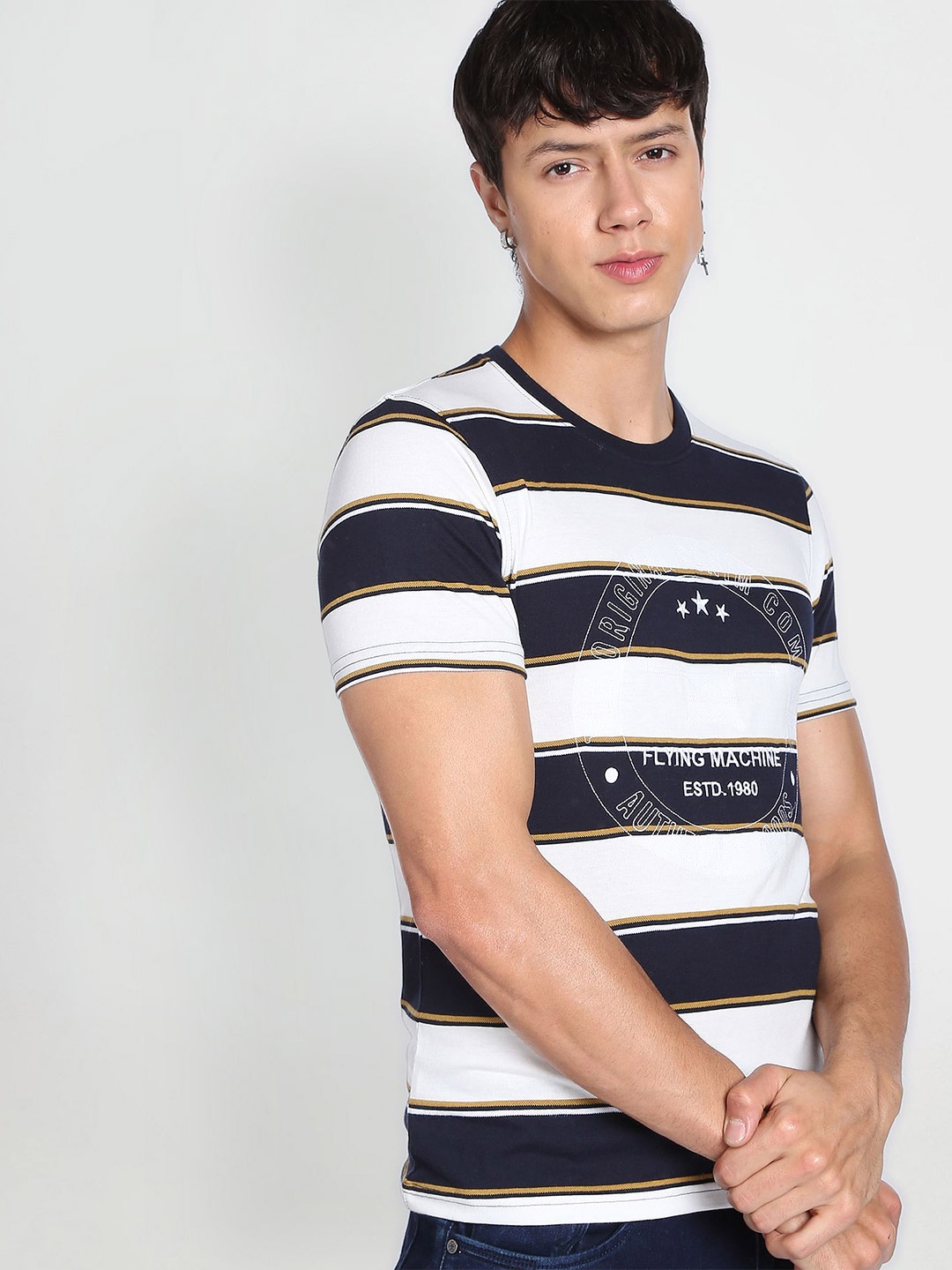 

Flying Machine Yarn Dyed Horizontal Stripe T-Shirt, White