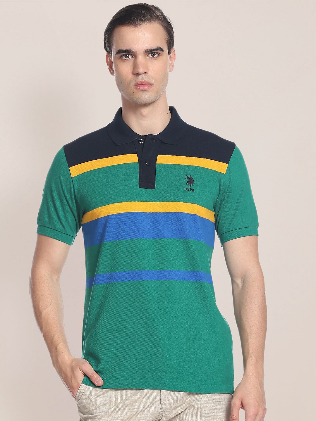 

U.S. Polo Assn. Striped Polo Collar Pure Cotton Slim Fit T-shirt, Green