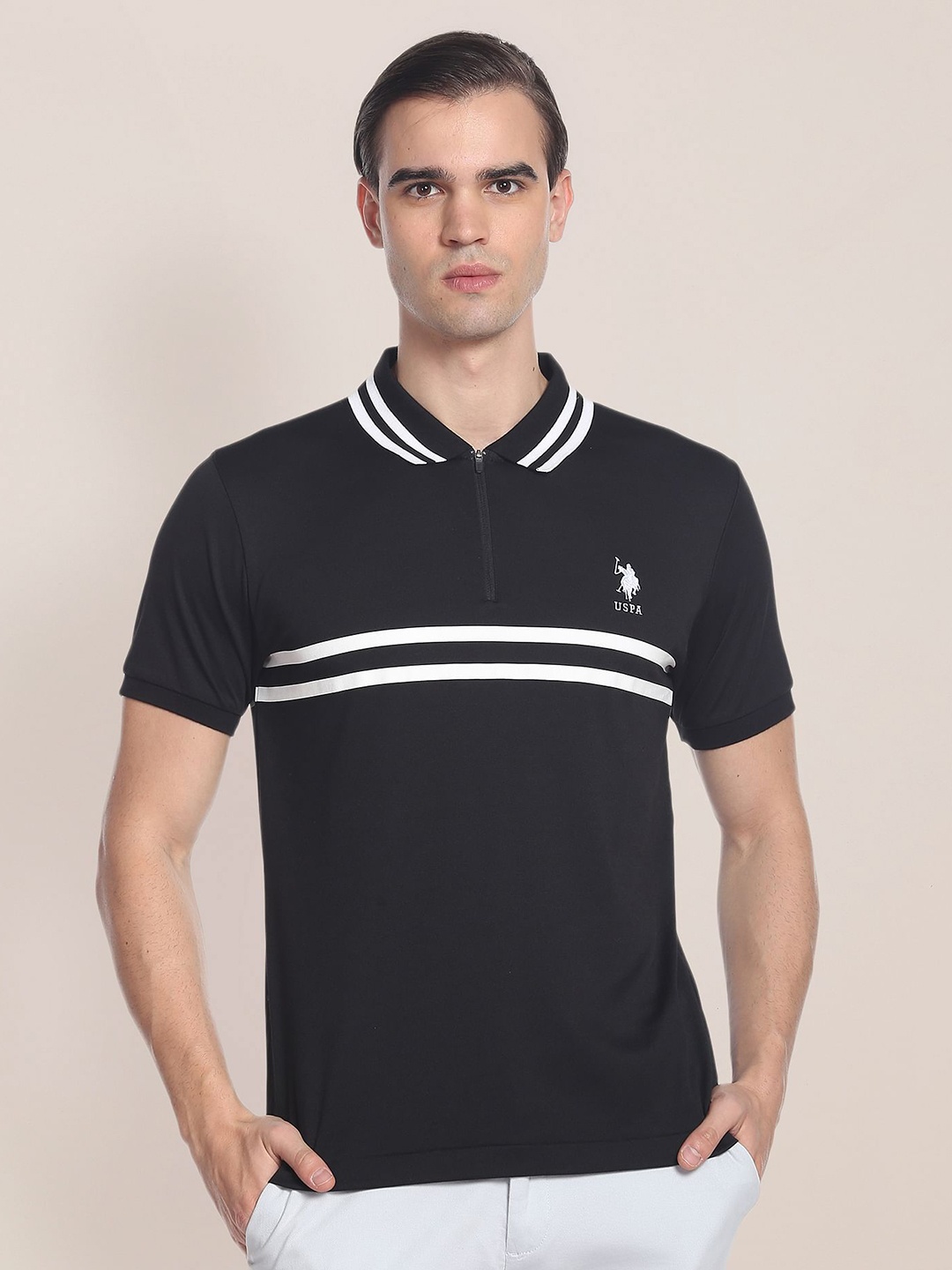 

U.S. Polo Assn. Striped Polo Collar Slim Fit Cotton T-shirt, Black