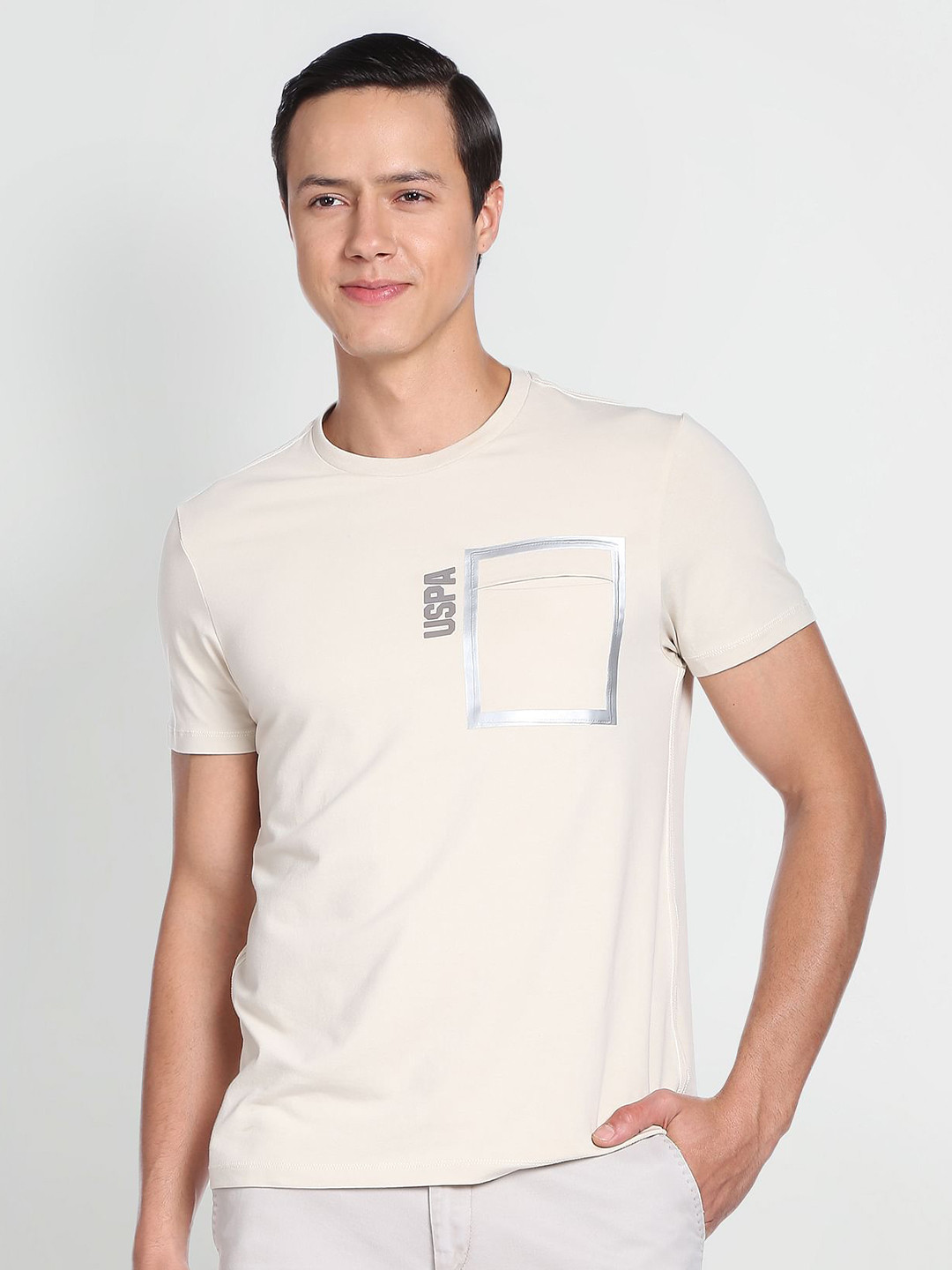 

U.S. Polo Assn. Denim Co. Round Neck Cotton Slim Fit T-shirt, Cream